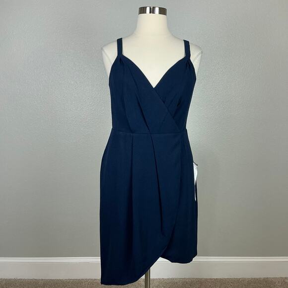 Dress the Population Women's Cocktail Dress Size 1X Navy Blue Sheath Wrap Mini - Picture 2 of 13